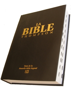 Illustration: Bible Thompson NBS avec onglets, couverture cartonnée noire, tranche blanche.